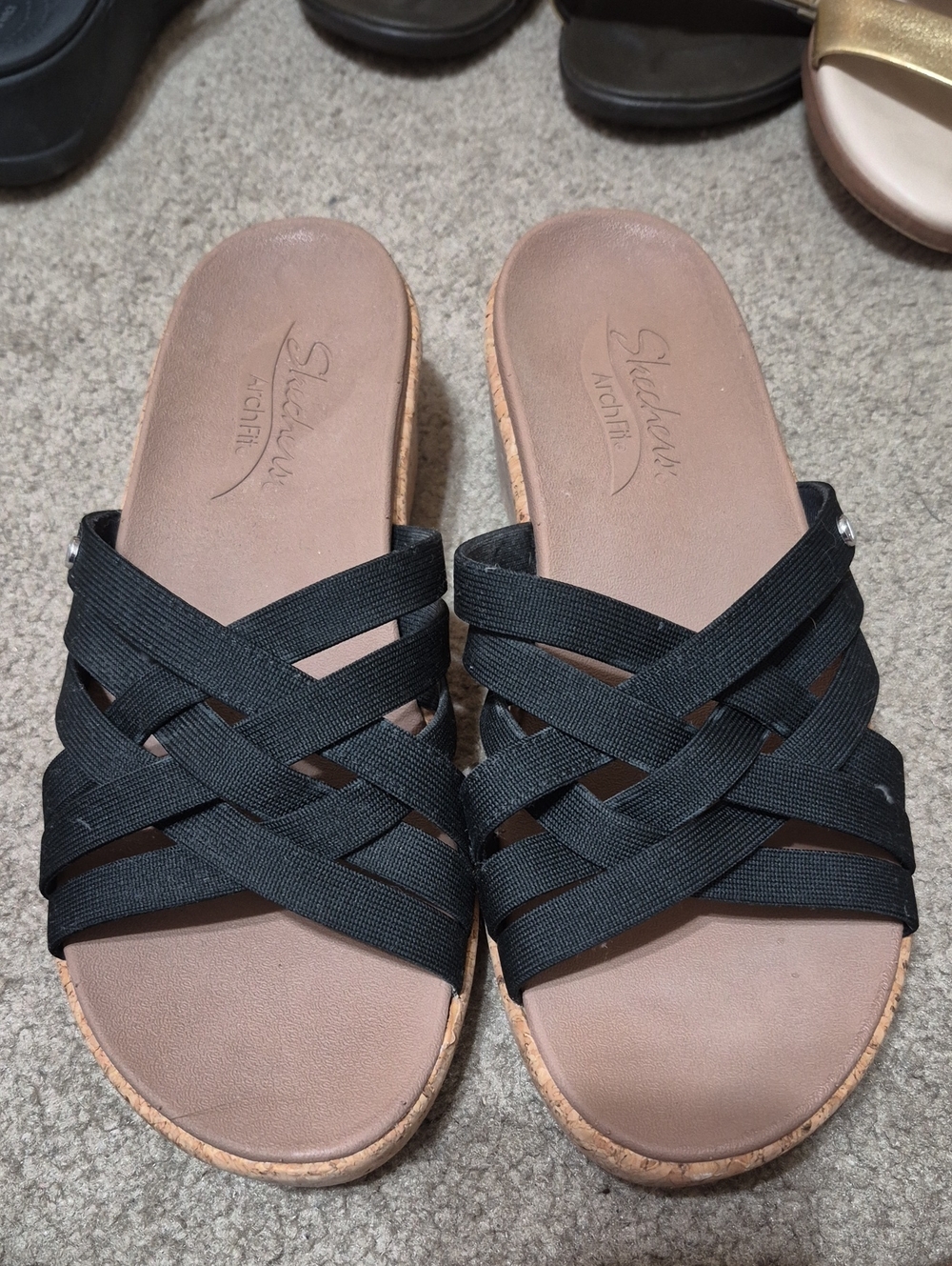 Skechers Black Woven Elastic Slide Sandals